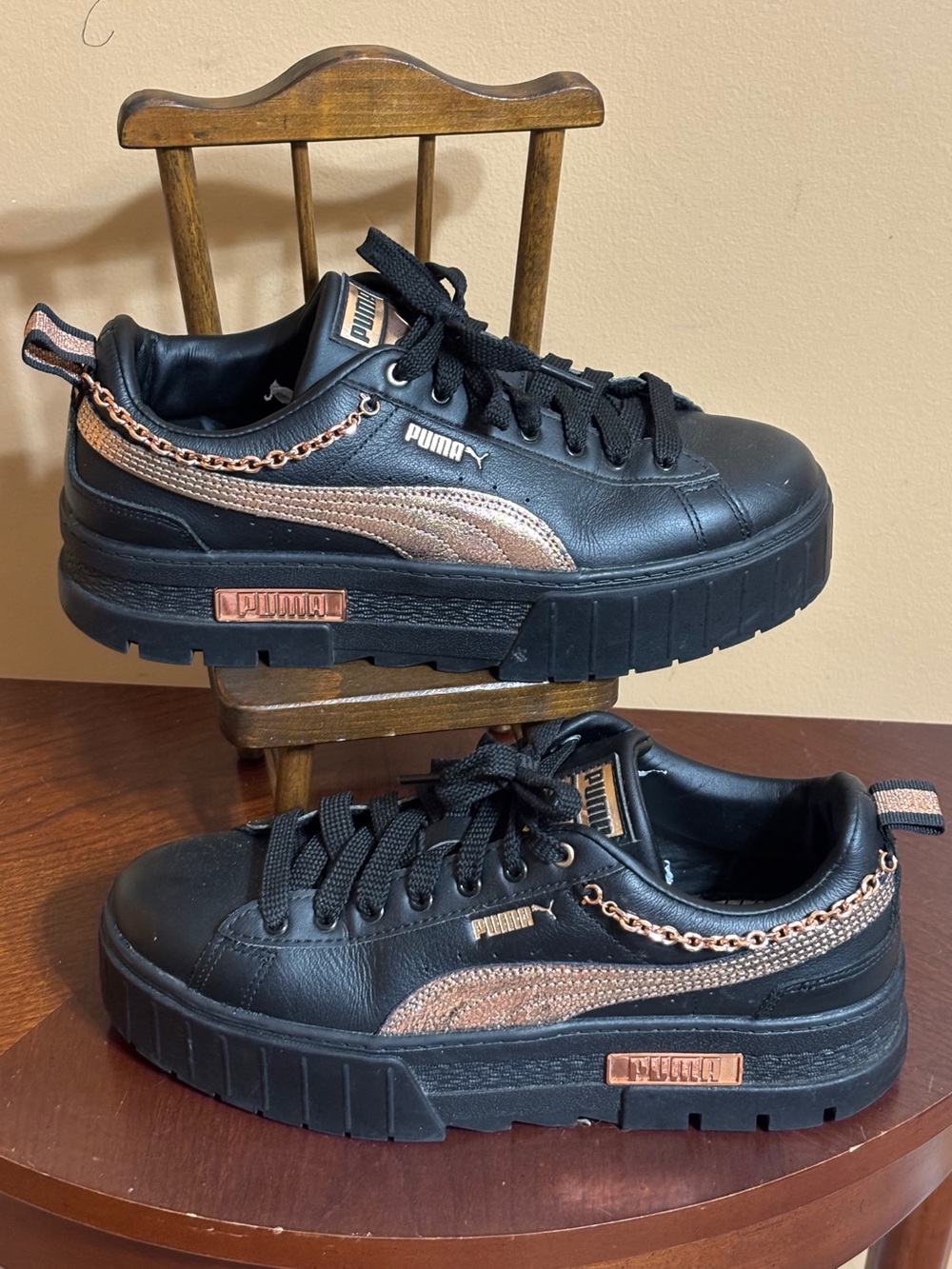 PUMA Black Platform Sneakers with Rose Gold Accents
